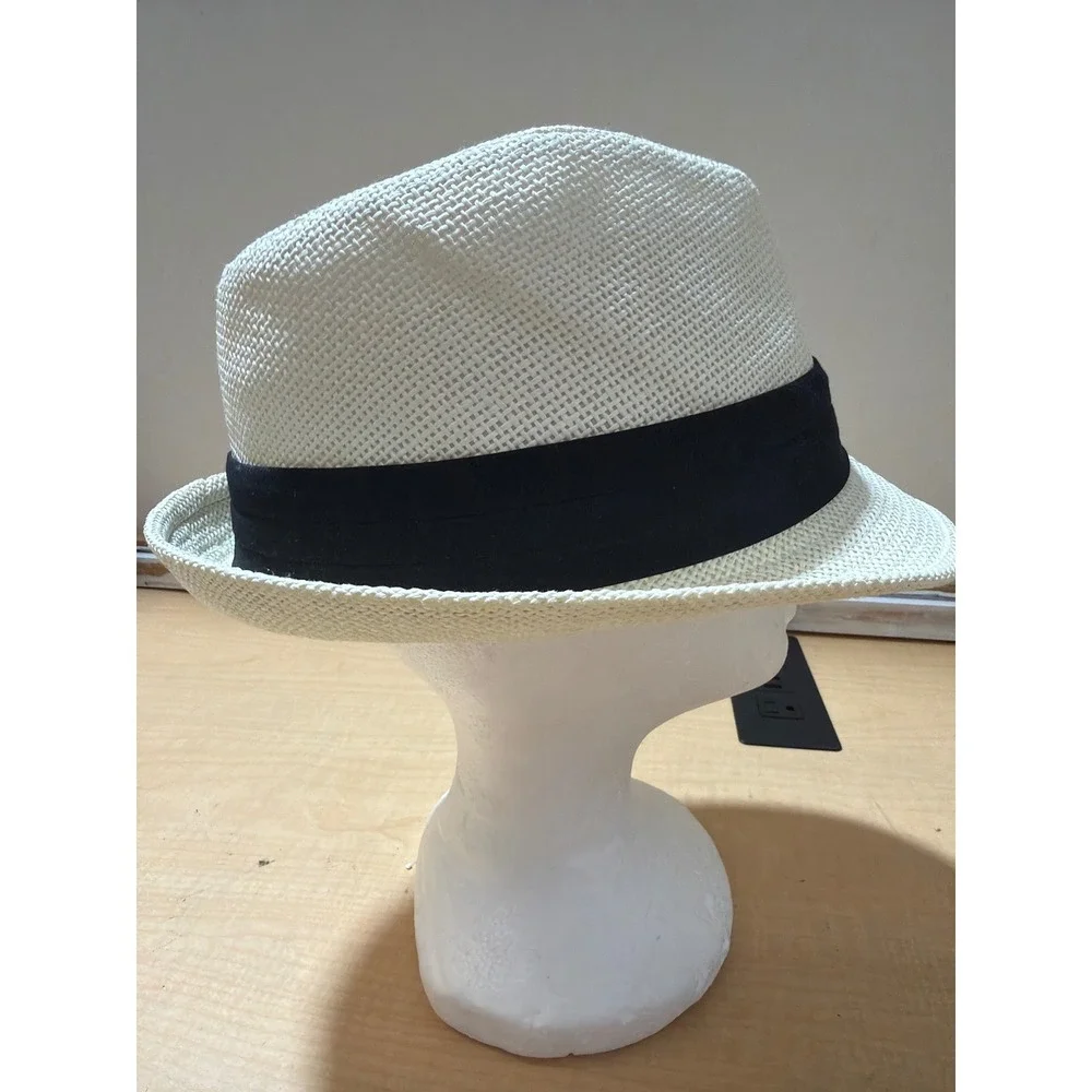 Unbranded Straw Fedora Hat Cream Off-White Black Ribbon Band Size 60-61 Summer